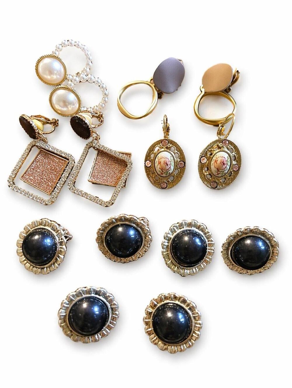 Vintage Clip On Earrings Lot 7 Pairs Gold Tone Rhinestone Pearl Black Cabochon